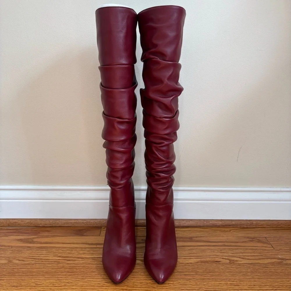 INC International Concepts Tabithaa burgundy Leather Over The Knee Heel Boots 5M